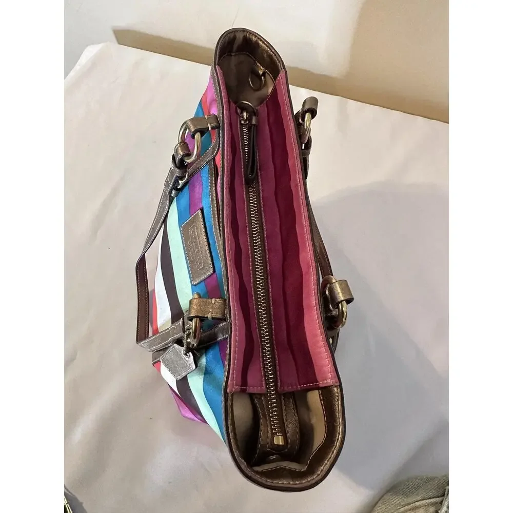 VTG Coach Tote Bag Medium Multicolor Satin Stripe Shoulder Zip Leather Trim Y2K